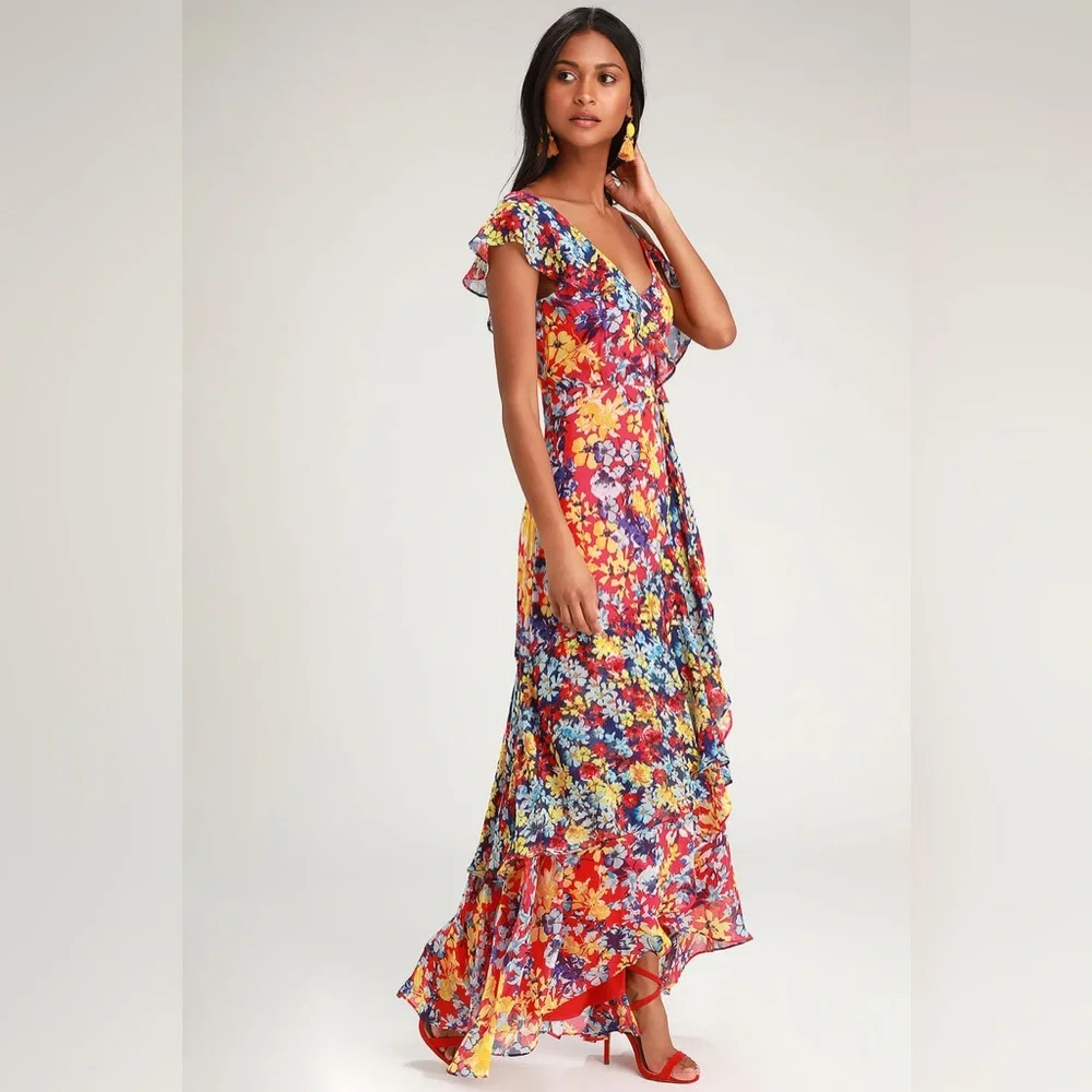 red floral chiffon dress MissJophiel Straps V Neck Floral Chiffon Red Maxi Tiered Prom Formal Evening Gown Red / Tea Length / US12